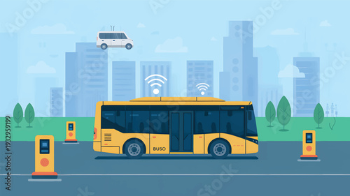 Yellow electric bus charging wirelessly on a city street with futuristic vehicles, yellow bus