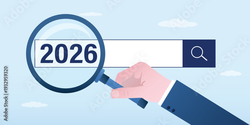 2026 job research or vision. New Year resolution. New business opportunities or career challenges. Businessman hand uses magnifying glass for discovering website from search box