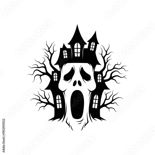 Haunted House Ghost Face Scream Silhouette - Spooky Halloween Icon