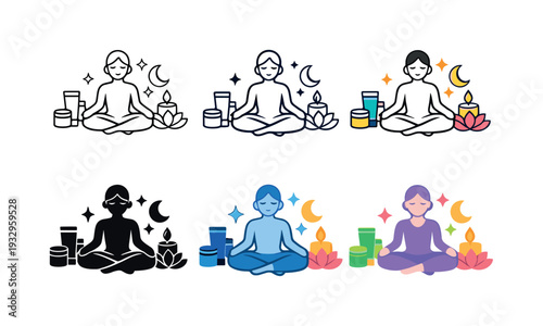 Wellness routine icon depicting a person engaging in meditation, skincare, and relaxation activities symbolizing personal