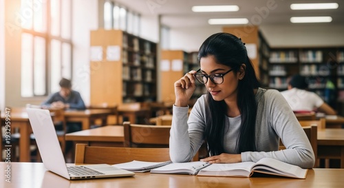 Focused Indian Female Graduate Student Studying with Laptop and Books in University Library