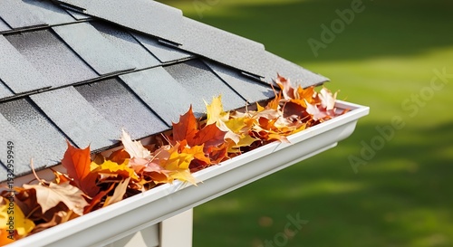 Clogged gutter filled with autumn leaves on a house roof.