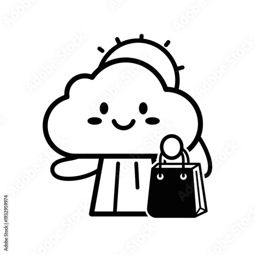 Happy Cloud Character Holding Shopping Bag Under Sun
