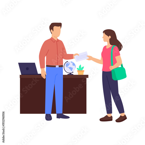 Ticket Issuance, Issuing flight tickets for pilgrimage travel, Flat vector character illustration