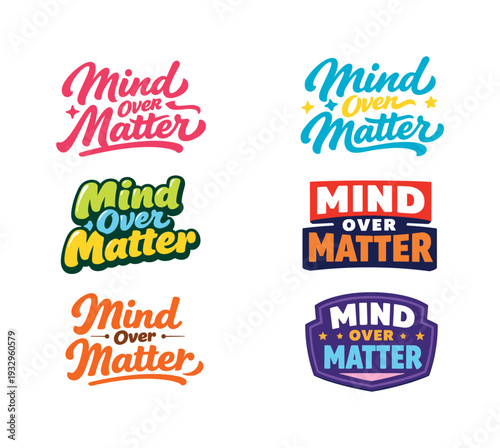 Mind Over Matter Logos. Modern festive banner with holiday message showcasing modern lettering logo set for Mind Over Matter,