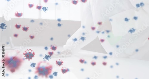 Animation of falling gifts and gold pills and confetti over white background