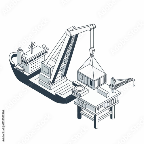 Offshore Crane Ship Transferring Cargo to Oil Rig.