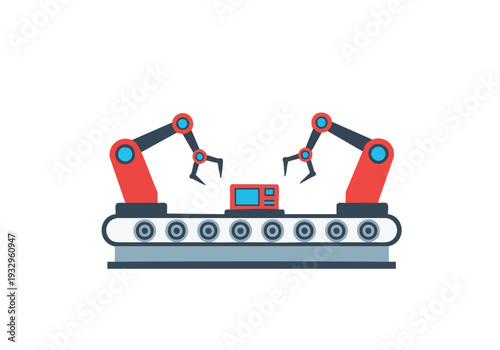 Automated production line with robotic arms assembling components on a conveyor belt, representing industrial automation and manufacturing processes
