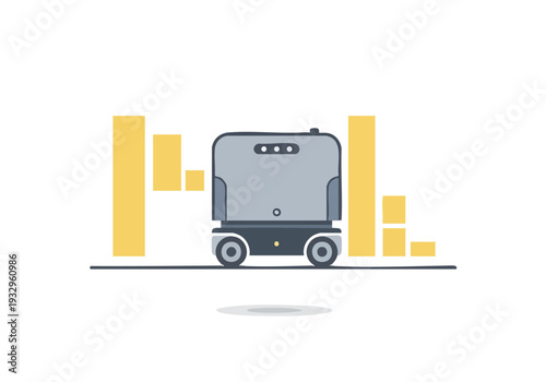 Modern automated delivery robot or autonomous mobile robot with abstract yellow bars in the background