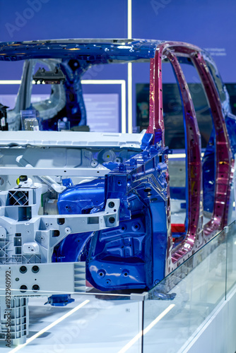 Photography Close-up of car body-in-white steel frame used for technology demonstration