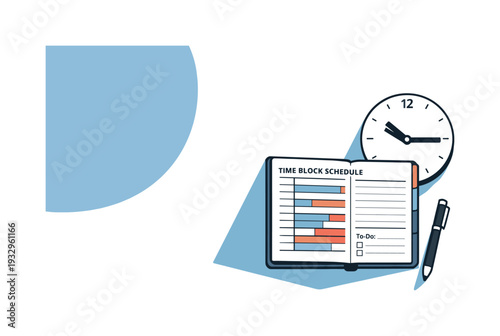 Refined contemporary time blocking schedule concept with essential calendar notebook pen and clock subtly offset and aligned seen