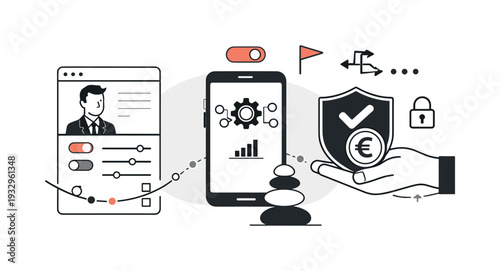 Modern minimal flat vector conceptual collage, crisp hard edges, consistent THIN outline stroke, rounded corners where needed,