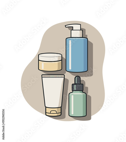 Clean minimal skincare regimen set viewed from above with generic cosmetic containers aligned clearly, placed in the right third