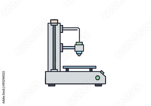 Simple illustration of a 3D printer machine with nozzle and platform, representing modern technology and manufacturing