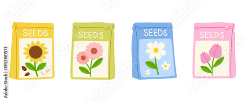 Cute packets with different flowers seeds with eco-friendly packaging. Perfect for spring gardening and home projects. Flat vector illustration.