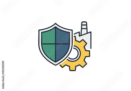 Industrial safety and protection shield icon with gear and factory building