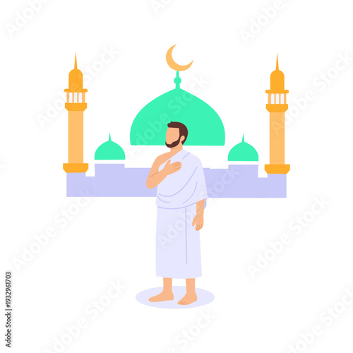 Talbiyah Recitation, Pilgrim reciting Talbiyah during sacred journey, Flat vector character illustration