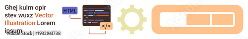 Web development, coding, programming, technology, digital processes, UX design. Code editor with HTML tags, gear icon and progress bar. Web development and coding concept