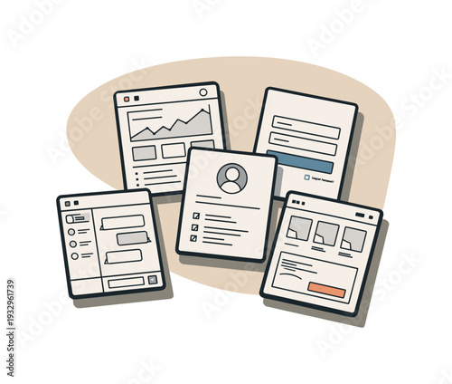 Calm UI wireframe planning concept with tablet wireframe screens slightly angled for balance shown from above, arranged in the