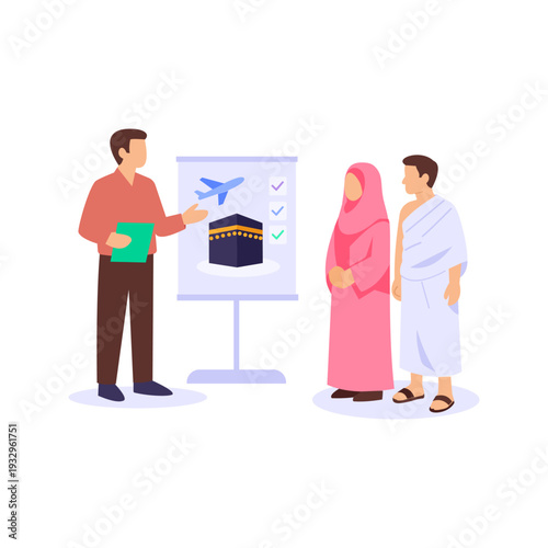 Pre Departure Briefing, Informing pilgrims before traveling for Umrah, Flat vector character illustration