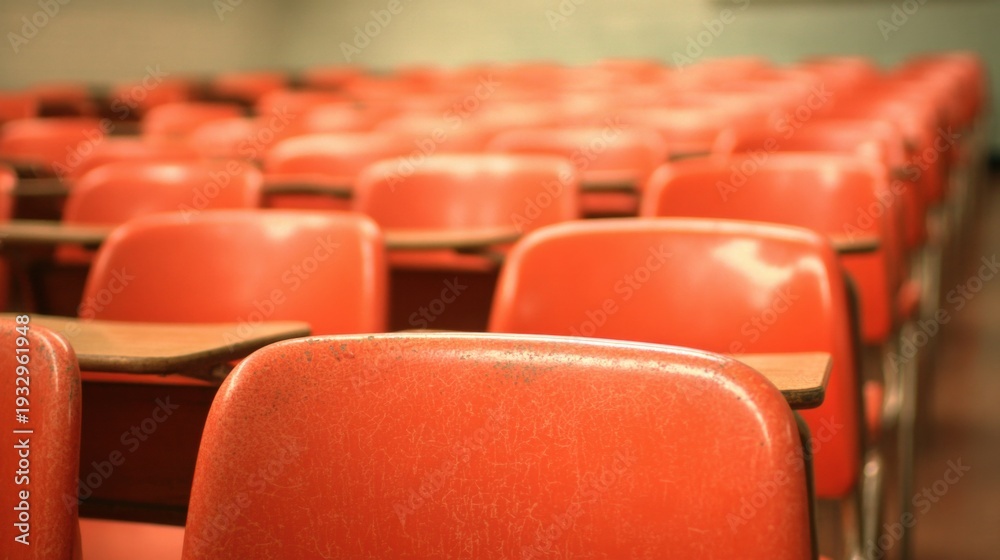 Fototapeta premium Classroom with empty red chairs arranged in rows for learning activities