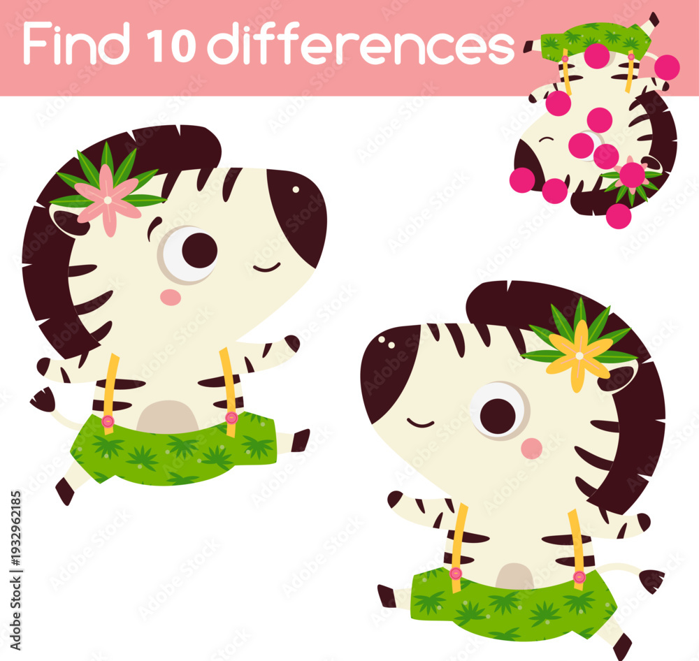 Fototapeta premium Find the differences educational children game with answer. Kids activity with cute zebra