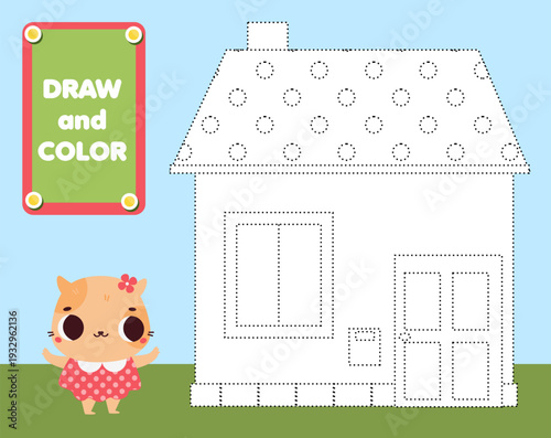Cute house. Connect the dots handwriting practice. Educational game for children. Drawing activity for kids.