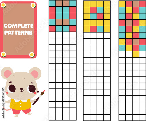 Complete geometric patterns by grid. Educational game for children. Drawing activity for toddlers and kids
