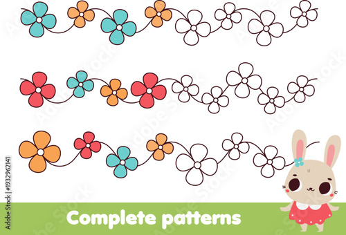 Complete patterns. Educational game for children. Drawing activity for kids. Color patterns. Drawing activity for toddlers and kids
