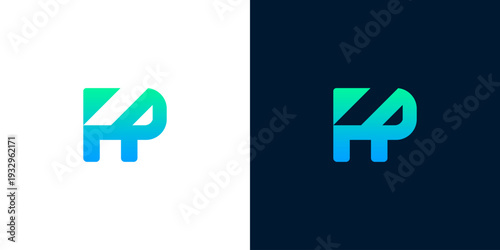 Abstract geometric design featuring the letters 'AP' in a gradient of blue and green on white and dark backgrounds