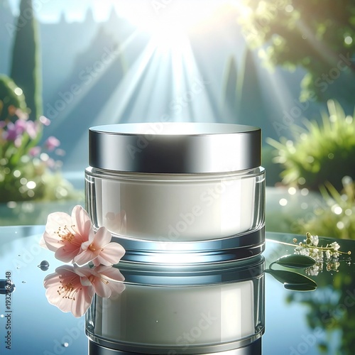 A cosmetic cream jar on a reflective glass surface with soft mist and light beams, clean background, luxury skincare advertisement, photorealistic