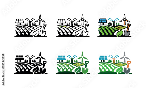 Eco-Farming Icons Grid. Environmentally responsible farming icon depicting crop fields, irrigation systems, solar panels, and