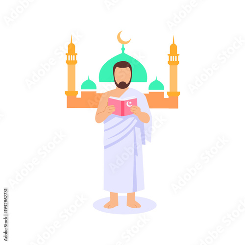 Reading Dua Book, Pilgrim reading supplication book for guidance, Flat vector character illustration