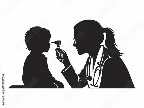 Pediatrician Using Otoscope to Examine Young Patient Silhouette