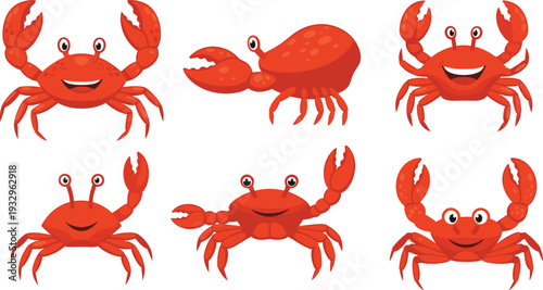 Cute Red Crab Character Set with Funny Sea Animal Mascots, Smiling Crustacean Icons, and Marine Wildlife Vector Illustration.