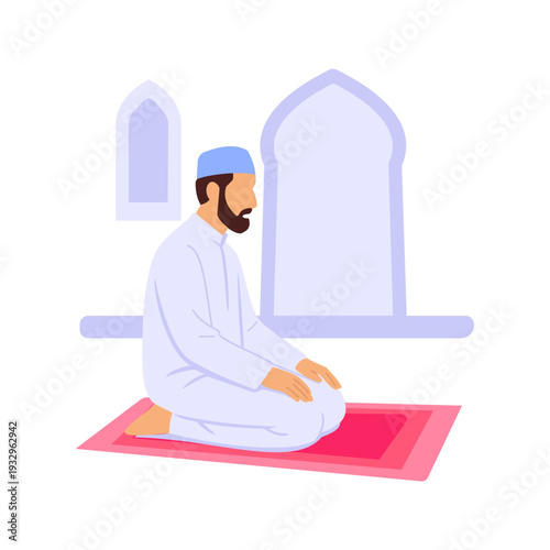 Whispered Prayers, Pilgrim offering silent heartfelt supplications, Flat vector character illustration