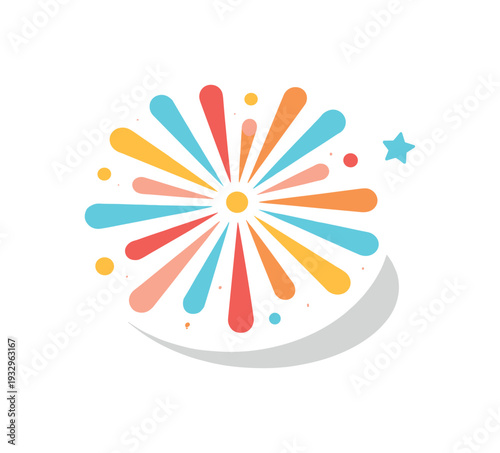 Flat firework burst badge lying horizontally seen from a top-down angle, offset to the left third of a 3:2 canvas leaving open