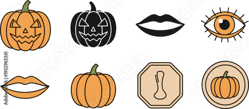 Halloween Pumpkin Set with Jack O Lantern Faces, Spooky Eye, Black Lips, and Autumn Squash Icons for Scary Holiday Vector Design.