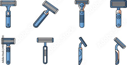 Manual Shaving Razor Set with Blue Disposable Razors, Men's Grooming Equipment, and Hygiene Tool Icons for Skin Care Illustration.