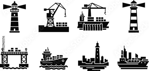 Maritime Industry Icon Set with Lighthouse Silhouettes, Cargo Ships, Port Cranes, and Offshore Platform Vector Illustration.