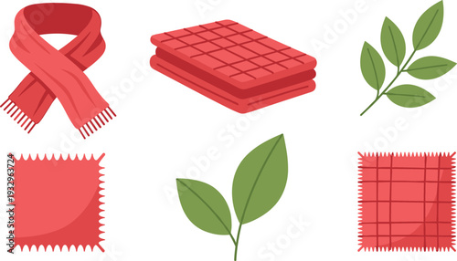 Autumn Textile Set with Red Knitted Scarf, Plaid Fabric Swatches, Soft Blankets, and Green Leaves for Cozy Fall Vector Design.