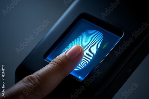 A person's finger is scanned on a biometric fingerprint reader for secure identification and authentication purposes