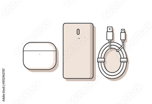 Clean minimal tech accessories set viewed from above with generic earbuds case power bank and cable aligned clearly, placed in