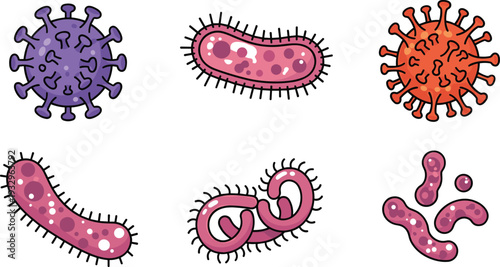 Bacteria and Virus Illustration Set with Microscopic Germs, Pathogen Cells, Infectious Bacteria, and Disease Microorganism Icons.