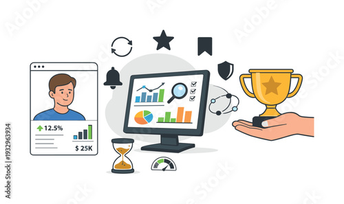 Modern minimal flat vector conceptual collage, crisp hard edges, consistent THIN outline stroke, rounded corners where needed,