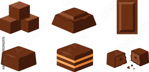 Chocolate Candy Set with Dark Cocoa Cubes, Gourmet Pralines, Milk Chocolate Bars, and Layered Dessert Pieces Vector Illustration.