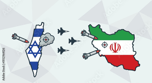 Military Conflict Concept Iran and Israel Map Missiles Fighter Jets and Ground War Elements