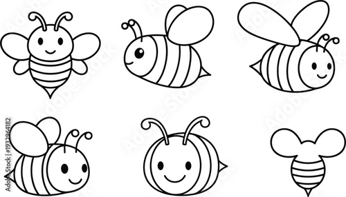Cute Honey Bee Character Set with Minimalist Bumblebee Silhouettes, Funny Flying Insect Mascots, and Simple Bee Vector Icons.