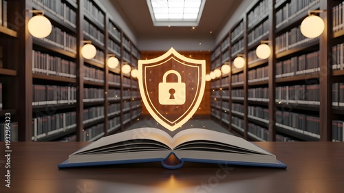Open book with glowing shield and padlock on table in library with bookshelves and lamps