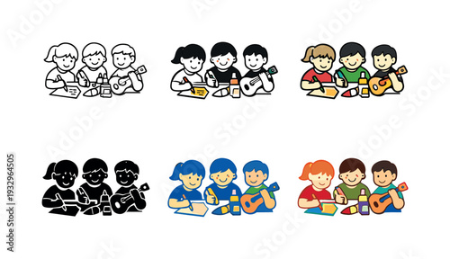 Creative hobbies icon showing kids actively engaged in drawing, crafting, playing musical instruments, and other recreational
